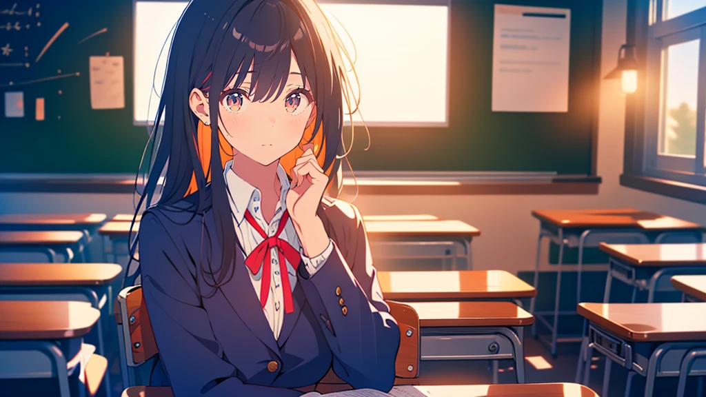 ((masterpiece)), (Bright colors), pretty girl, (Highest quality), (Super detailed), (Sharp focus), (Depth of written boundary), (Cinema Lighting), Black Hair, Long Hair, Iris, (avert your eyes), Dark Blue Blazer, shirt, ribbon, Upper Body, In the classroom