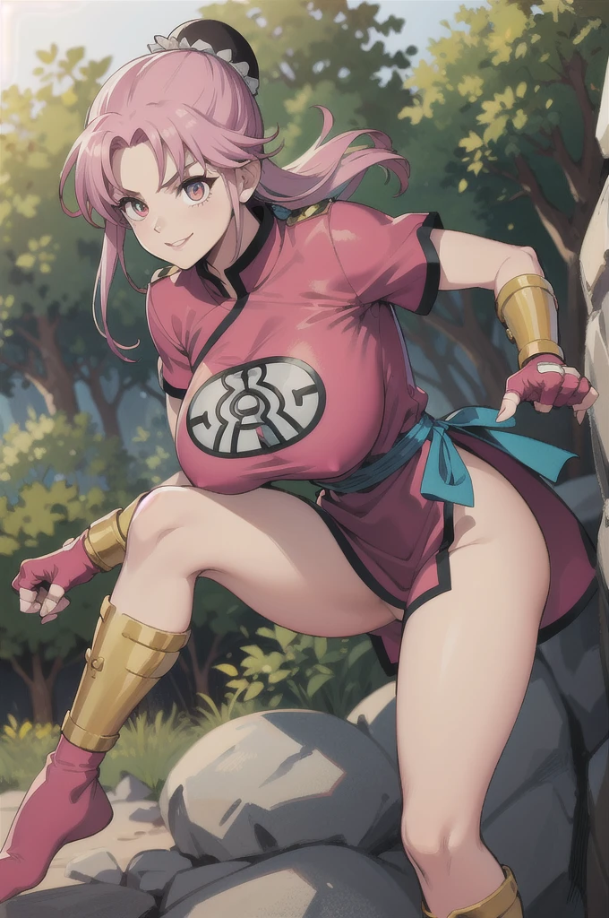 maam,big breasts,beautifuleyes,narrow waist,realistic,solo,outdoor,forest, martialMaam,pink hair,hair bun,long hair,china dress,short sleeves,sash,fingerless gloves,beautiful legs, smile, clenched fists, action pose,:1.1), lady, dragon quest