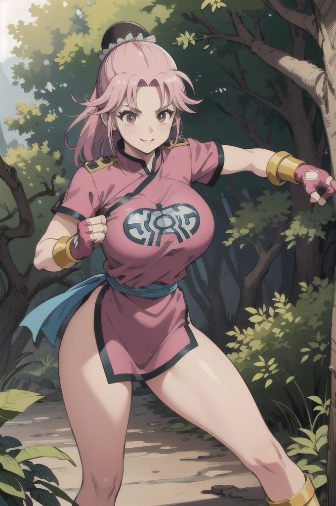 maam,big breasts,beautifuleyes,narrow waist,realistic,solo,outdoor,forest, martialMaam,pink hair,hair bun,long hair,china dress,short sleeves,sash,fingerless gloves,beautiful legs, smile, clenched fists, action pose,:1.1), lady, dragon quest