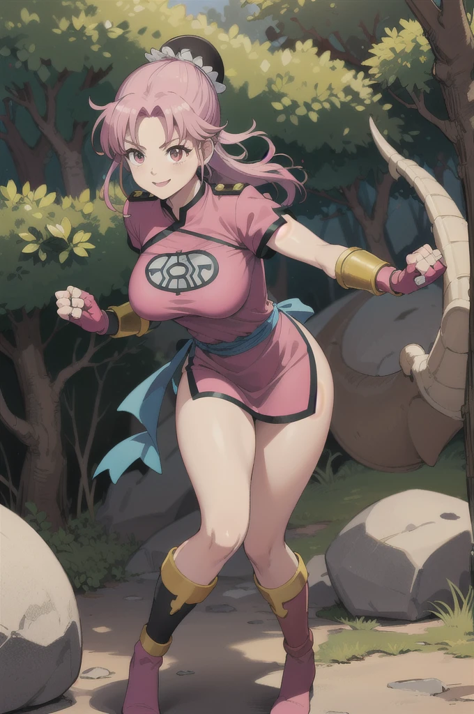 maam,big breasts,beautifuleyes,narrow waist,realistic,solo,outdoor,forest, martialMaam,pink hair,hair bun,long hair,china dress,short sleeves,sash,fingerless gloves,beautiful legs, smile, clenched fists, action pose,:1.1), lady, dragon quest