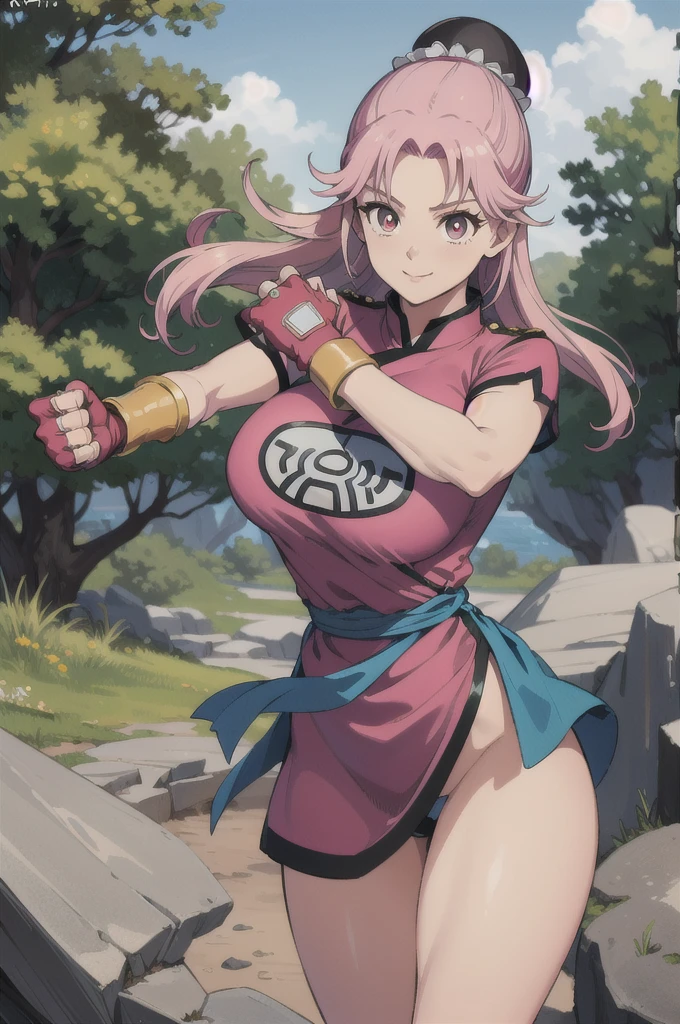 maam,big breasts,beautifuleyes,narrow waist,realistic,solo,outdoor,forest, martialMaam,pink hair,hair bun,long hair,china dress,short sleeves,sash,fingerless gloves,beautiful legs, smile, clenched fists, action pose,:1.1), lady, dragon quest