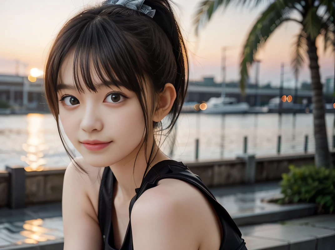 Sea view, Blake Background Only Rock Formation:1.6, Break Foreground only Sandy beach :1.6, evening, sunset, Ocean Waves, Water reflection, Anatomically completely correct:1.6, ((1 Japanese girl)), (Very short hair)ponytail:1.2、(Straight bangs)、 blush, Shyly, 17 years old, Open the mouse a little, Booty Shorts:1.2, Moderate ASS, (Floral print separate swimsuit), Beautiful ass, Brown Hair, Wet Hair, Hilarious:1.0, smile:1.0, Ecstasy:1.0, Dynamic Angle,, whole body, SFW:1.2, break , RAW Photos, Highest quality, masterpiece, Realistic, PhotoRealistic, Highly detailed 8k wallpaper, Beautiful and detailed eyes, Detailed painted face, High key lighting, Professional Lighting, Cinema Lighting, Side Lighting, Bokeh、((One person))、Palm tree、smile、(whole bodyショット)、