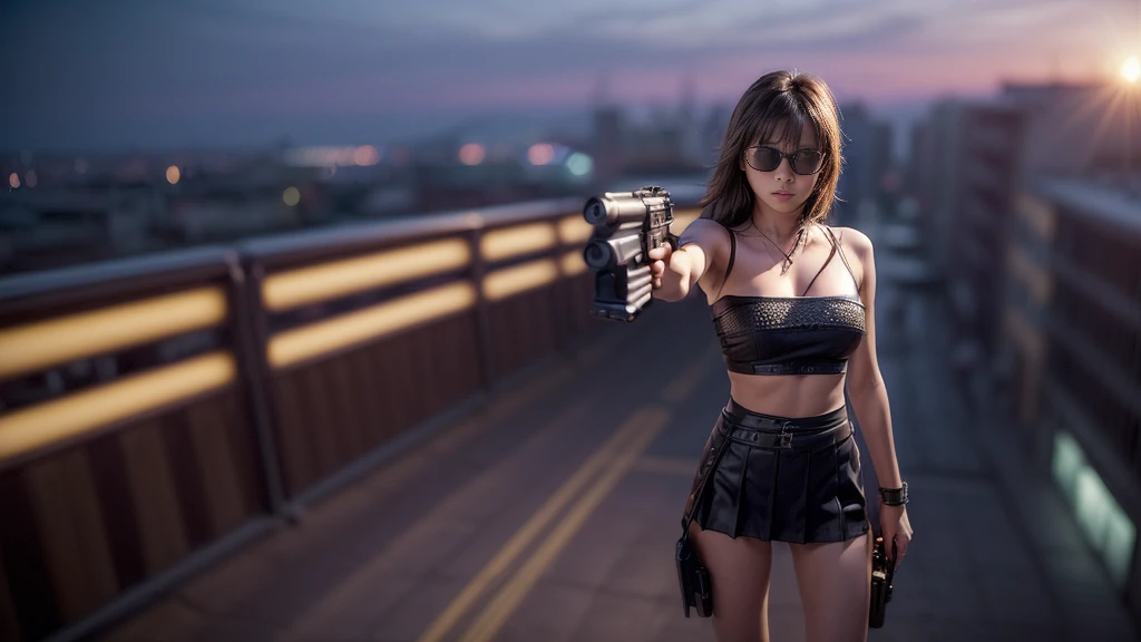 (((At night, ((very dark sunset sky)), (((1girl, solo))), a western woman, photo realistic, large-breast:1.2 slim body, cleavage, off tube top, short pleated miniskirt, standing on rooftop, (matrix style black sunglasses), (((aiming towards viewer with a short:0.8 pistol))), half-body thigh level medium:1.2 shot))). In the background, simple aerial view of a sci-fi futuristic city, (((flying vehicle speeding towards viewer))).