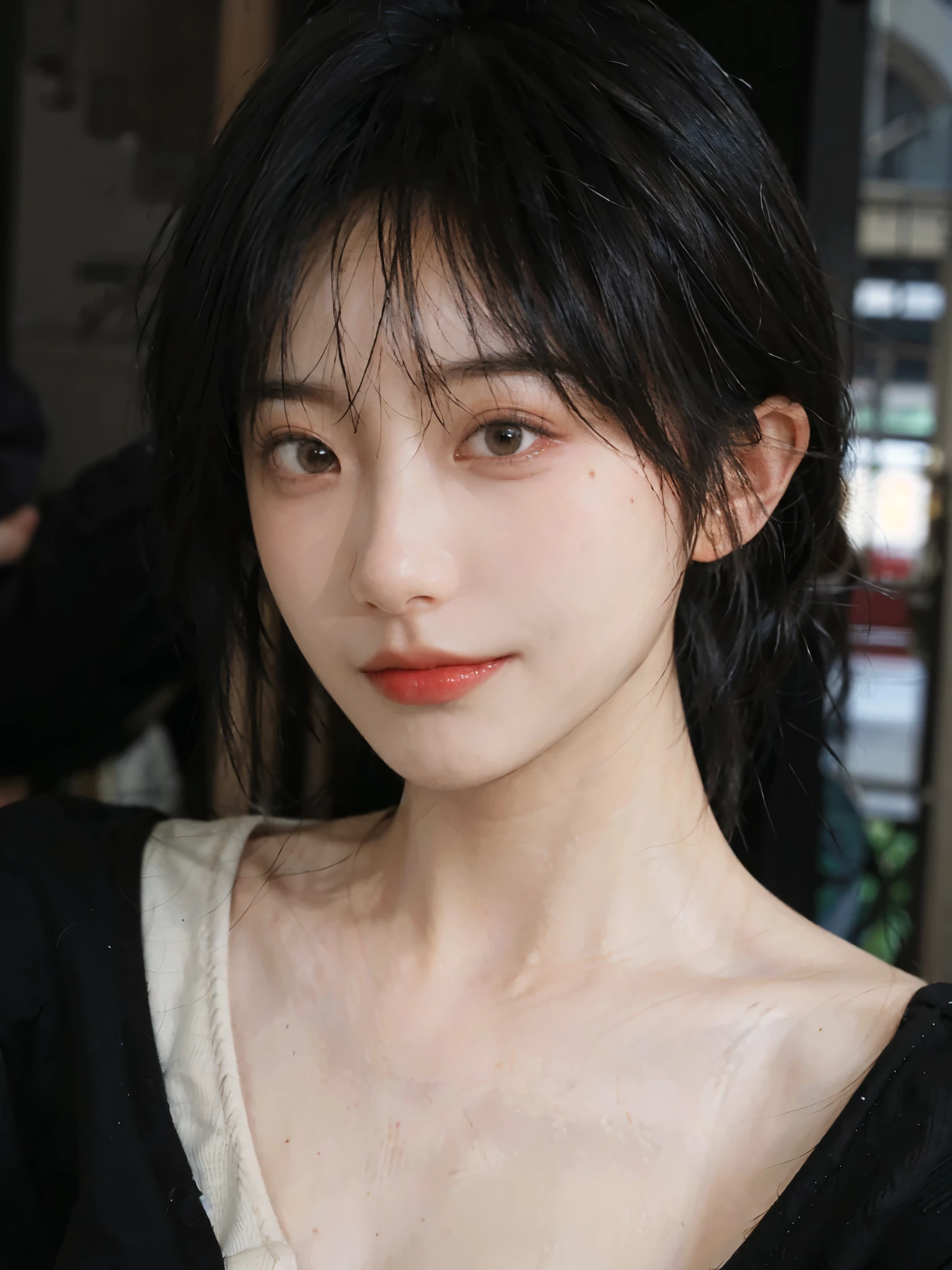 (Skin details:1.4), (smooth skin textures:1.3), （Upper body：1.4），（Upper Body：1.3)，(Black clothes:1.4)，Lipstick, background, earrings, serene, calm, (Realistic and detailed eyes：1.2）, Natural skin texture, Realistic facial details, Soft dramatic lighting, Vivid details, 35 mm film, outdoor, (Photo Practical:1.4), (hyper Practical:1.4), (Practical:1.3), (Smoother lighting:1.05), (Improve lighting quality:0.9), (Highest quality real skin textures:1.4), Exquisite eyes, Delicate face, Close-up of face, (Enhance the beauty of skin texture:1.1),0Normal body proportions, short hair, Moles under the eyes, A faint smile,Portrait Photography, Depth of Field, Bokeh, Surrealism, Ray Tracing, (Portrait Photography:1.1), Surrealism, High Detail, Chiaroscuro, Ray Tracing, reflected light, Ultra HD, Ultra HD, masterpiece, Textured Skin, Super Detail, High Detail, high quality, best quality