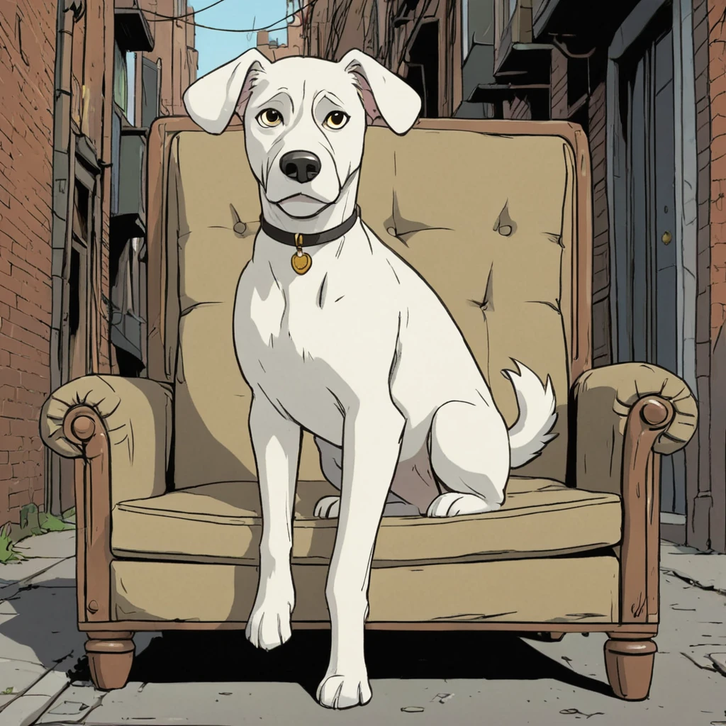  cartoon illustration of a medium-sized white dog, with long  floppy ears and a short tail sitting on an old armchair in the background of an alley with a serious expression      