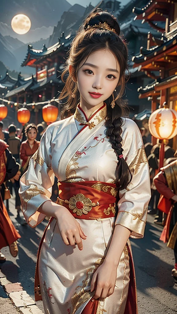 (NSFW), K-Pop Idols: 1.2, Mix 4, 1 Korean woman, 14 years old, (Thin eyebrows: 1.4), Sparkling brown eyes, Bunhead, Two braids tied together, Ancient Capital, Chinese monasteries, A tall mountain, Beautiful detailed sky, lit by the soft glow of the moon, street (crowd:1.2), night, (Red nose), Hanfu, a traditional Chinese dress, adorned with intricate embroidery, revealing a hint of her youthful figure, she stands with a lighthearted smile, her happiness radiating, a single tear trickles down her cheek, capturing the