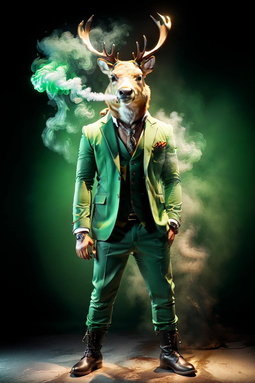 So you can edit it later、An anthropomorphic reindeer wearing a green single suit costume with a space above his head is posing in a threatening pose. Suspicious smoke on a green background.、A mysterious green light pierces it. The light also shines on the character, making it clearly visible. Create an image with this composition according to the following rules.。
 High resolution textures、Texture、Realなディテール、
The background is dark、Mysterious and、There is a good atmosphere、Dramatic lighting and high contrast images、Extremely high resolution to create photo-realistic card game patterns。
The design will be surrounded by a border、80 from the center of the space so that the character is not hidden%Please。
Use indirect lighting and textured backgroundake the central character stand out。
Full body portrait、Dynamic pose。
 にかくテクスチャがRealで細かいファッションの服。
Fashionable sneakers、boots、Sandals、hat、Smoke Accessories Necklace、Earrings、ring、bandana car、bike、Tattoos etc.、Choose according to your outfit and mood。
Real、8K




(masterpiece、Highest quality、high detail、超Real:1.2)、 
Anthropomorphic animals、Full body portrait

(Photorealistic:1.4), Cinematic lighting, 8K  UHD、 
Professional Photography、

(詳細な毛皮のTexture:1.3), Expressive eyes、 
Designer clothing、Luxury Brands、 
(Perfect tailoring:1.2), High Fashion Accessor
Moody atmosphere、Dramatic Shadows、 
High contrast lighting、Depth of written boundary、
Film Grain、Color Grading、

(Color Palette：1.3）、（Calm earth colors：1.2）、 
(Rich Brown：1.1）、（Deep Gray：1.1）、（subtle gold accents：1.0）、
(warm color：1.1）、（Color harmony：1.2）、

(Soft diffused lighting：1.2）、（Rim lighting：1.1）、
(Volumetric Lighting:1.0), (Ambient Occlusion:1.1)