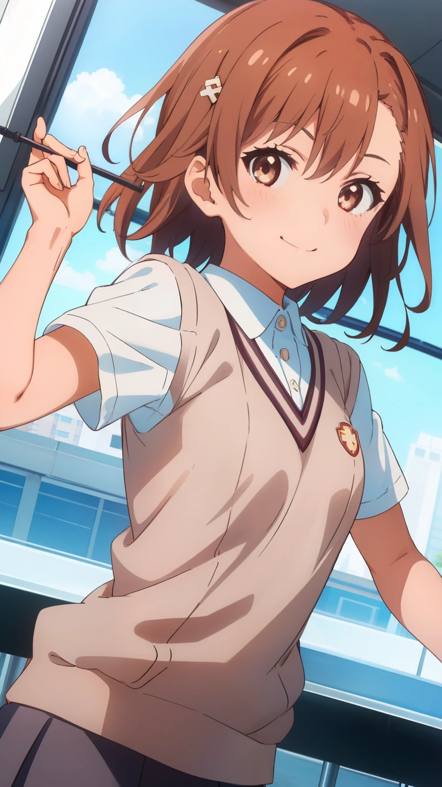 (masterpiece, best quality, 8k:1.2),anime, misaka_mikoto, hairpin, school_uniform, 1girl, tokiwadai_school_uniform,smile,Dynamic Angle, looking at viewer,