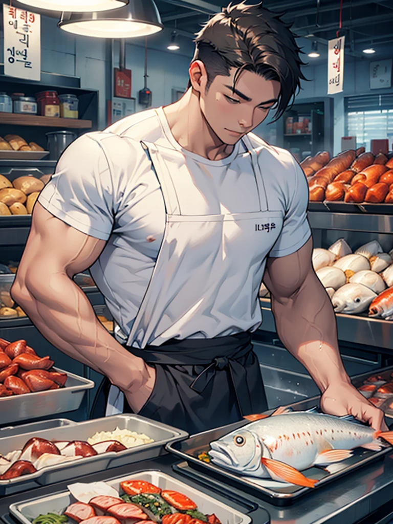 korean guy,men wear dark gray shining apron over white T-shirt, muscular and handsome,fish market