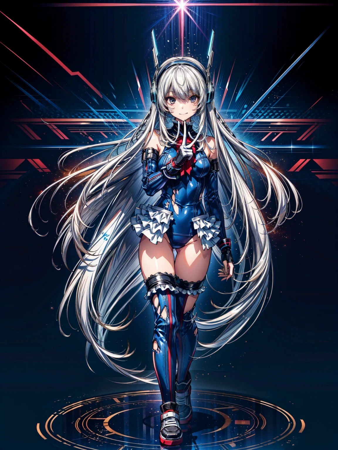 finest masterpiece, Super detailed, Highest quality, Sharp focus, 12k, ultra hi resolution picture, big ,12k,Perfect Anatomy, Highest quality, Marie Rose,Wicked Smile,Provocative attitude
,,evil Smile,Anime Style,(Frilled swimsuit, Knee socks, Removed sleeve), (Anime Style:1.4) ,
,(White fingers:1.1,Black gloves),
Hollow Eyes,,One Girl、(cyber punk:1.4),,(Very long hair:1.6),(whole body:1.3),
Silver Hair,(Full Face Headgear:1.6),(Torn clothes:1.4),Are standing,Neon Light