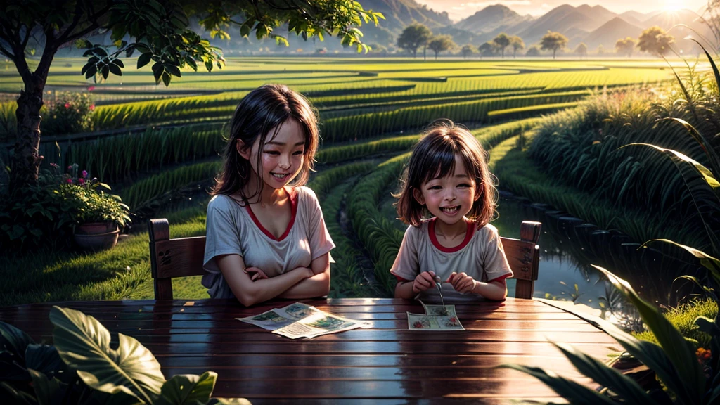 （best qualityer，8K，high resolution，work of art），super verbose，(1.4x more realism)，summer，lighting sun，Beautiful children，money黄的稻田，money，happiness，Children laughing in the rice fields，Cicada chirping，beautiful scenery，hdr，ultra HD，studio lighting，very well，sharp focus，Physically based rendering，Extremely detailed description，main，Vivid coloroney colorful sunrise，peaceful，serene，money光，money色时刻，naturey，naturey美，((anatomically correcte))