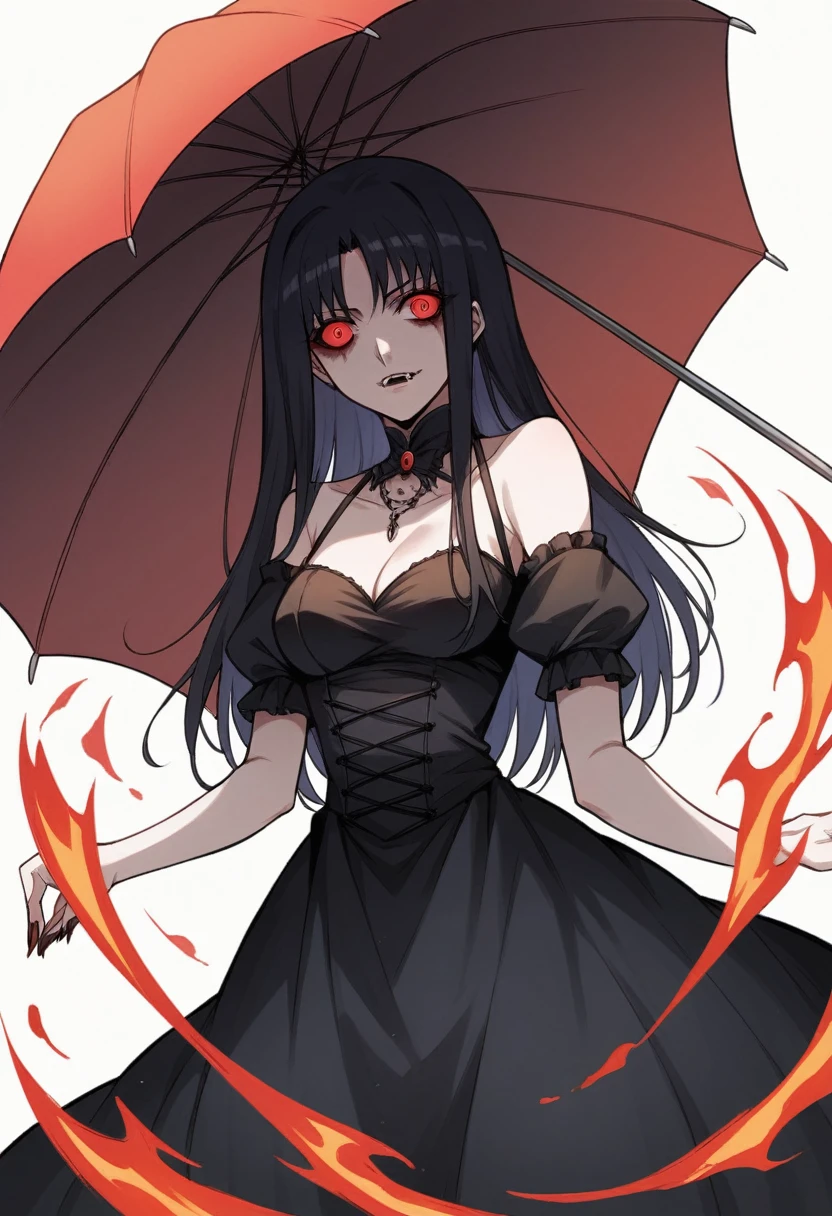 anime girl with umbrella in a dark dress with red flames, gothic maiden anime girl, must tear from the overlord, will tear the fallen blood, demon anime girl, I vampire, offcial art, offcial art do anime, anime style like fate/stay overnight, gapmoe yandere grimdark, Anime main art, 1 18 year old goth anime girl with her dress off and just in lingerie