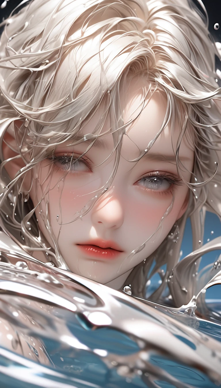 RAW Photos:1.2, masterpiece, Highest quality, 16K, Unbelievably absurd, Very detailed, Perfect beauty, Beautiful cute girl, Flowing platinum blonde, Close-up face, Looking down, Wet Hair, Splash