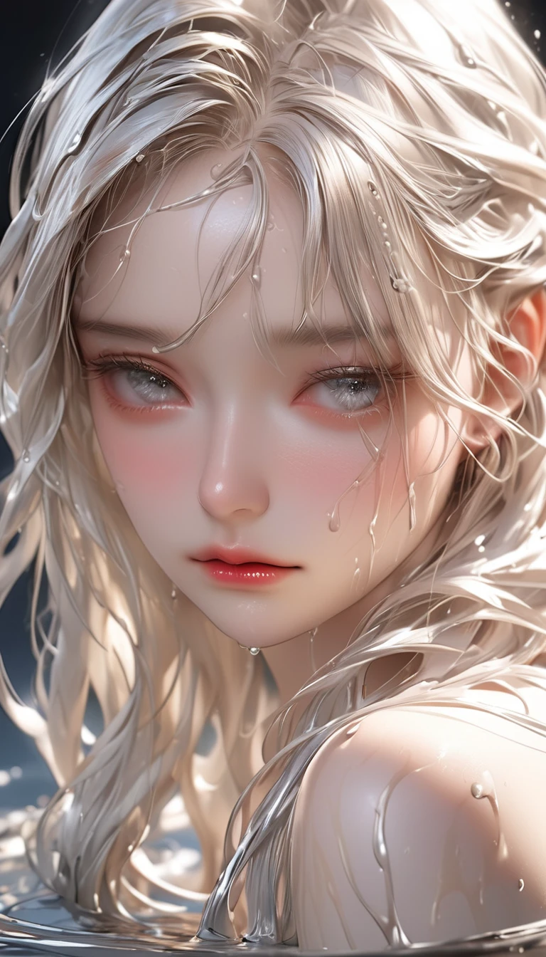 RAW Photos:1.2, masterpiece, Highest quality, 16K, Unbelievably absurd, Very detailed, Perfect beauty, Beautiful cute girl, Flowing platinum blonde, Close-up face, Looking down, Wet Hair, Splash 