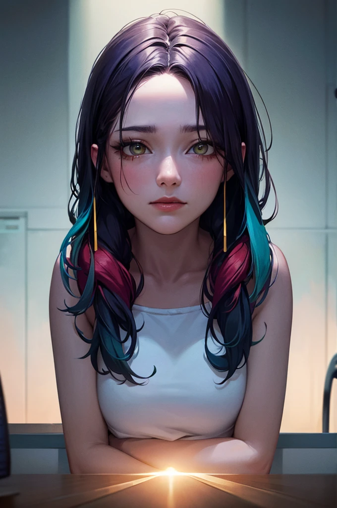 Multicolored Hair, Gradient Hair, Amber Eyes, High detail, Verism, Hyperrealism, modern art, Cinema Lighting, Shine, Wide Shot, debt/1.2, Highest quality, Awards, 8K, Super detailed, Ultra-high resolution