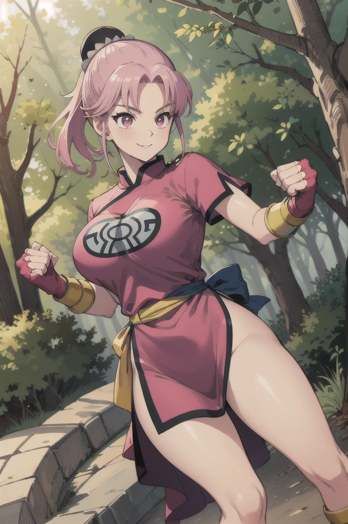 maam,big breasts,beautifuleyes,narrow waist,realistic,solo,outdoor,forest, martialMaam,pink hair,hair bun,long hair,china dress,short sleeves,sash,fingerless gloves,beautiful legs, smile, clenched fists, action pose,:1.1), lady, dragon quest