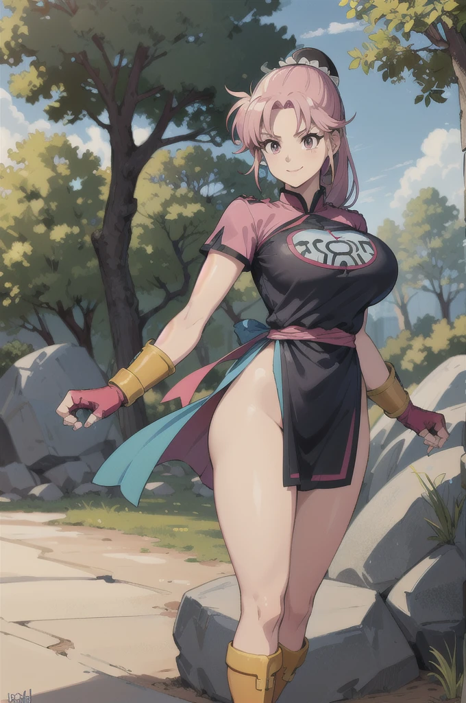 maam,big breasts,beautifuleyes,narrow waist,realistic,solo,outdoor,forest, martialMaam,pink hair,hair bun,long hair,china dress,short sleeves,sash,fingerless gloves,beautiful legs, smile, clenched fists, action pose,:1.1), lady, dragon quest