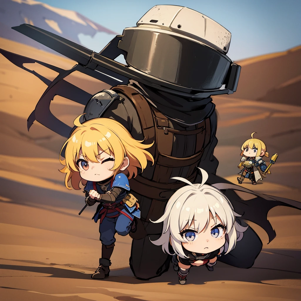 ((((Chibi Character、10 people、a lot))))、Highest quality, Best Quality,Best illustrations、(((Iron Helmet))),Medieval Armor、Medieval Knight、Full grey armor、(((20-year-old male)))、Dramatic Angle、(battle)、battlefield、Grab the sword、wasteland、(Fighting stance)、Run、(((Living in the desert)))、(Simple Background)、Grab the sword、(Mr.々Expression)