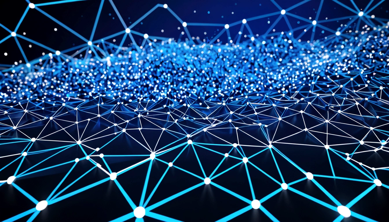 a close up of a blue and white abstract background with lines, digital nodes, abstract art representing data, cyber security polygon, 3d abstract render overlayed, abstract tech, mesh structure, geometric 3d render, geometric 3 d render, minimalistic background, cyber background, blue particles, digital background, particles simulation, epic 3 d abstract model, connecting lines