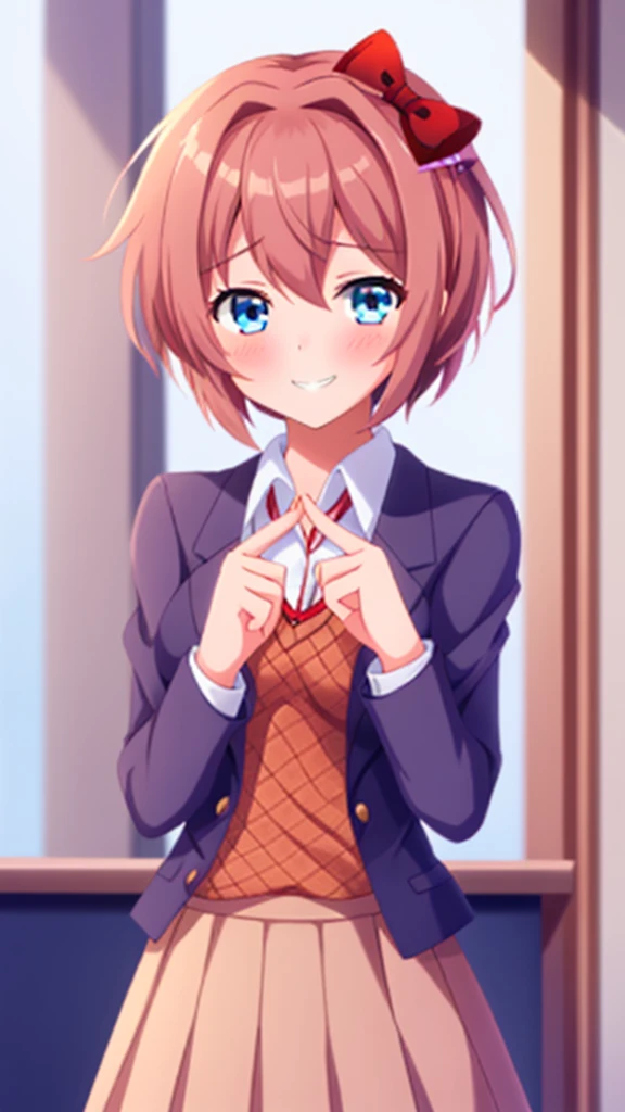 one girl, Sayori, DDLC, Doki Doki Literature Club, hair bow, school blazer, light blue eyes, index fingers together, shy, blush, smile awkwardly, feel sorry, Ehehe~, teeth, shifty eyes, girl don't look at me