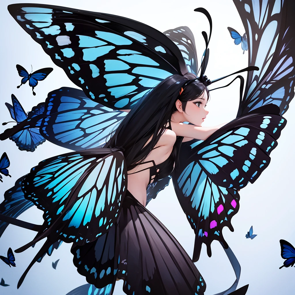 Large butterfly, one wing black white, a wing colorful, Background blue sky