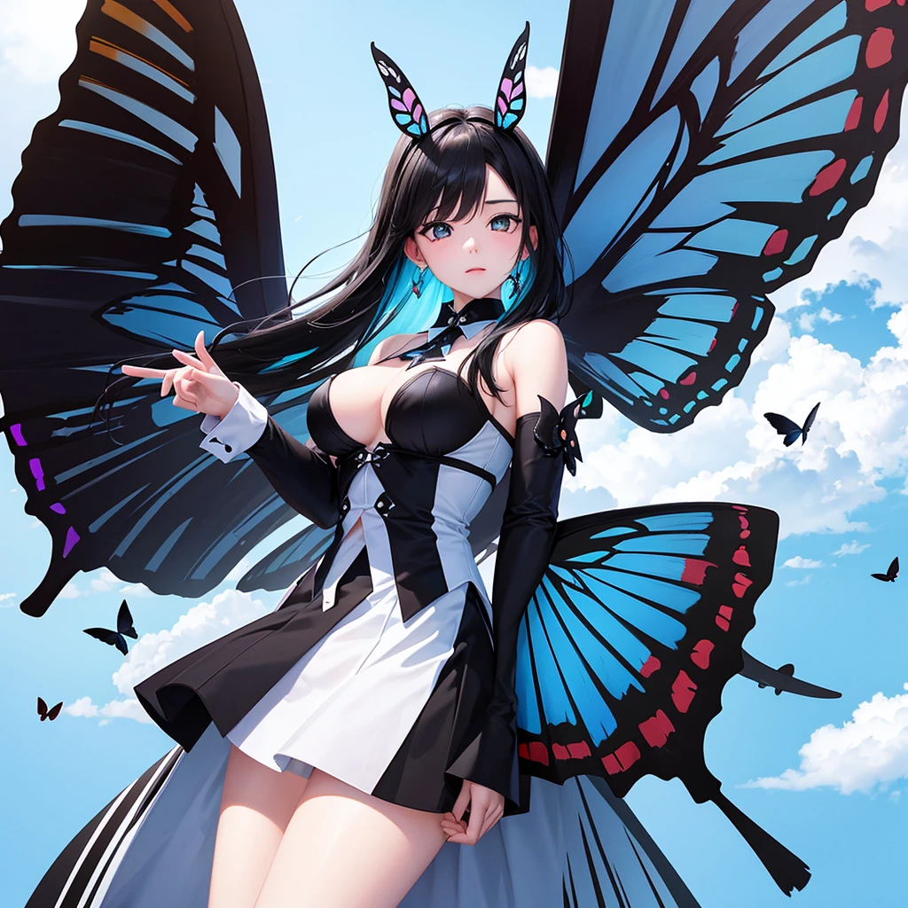 Large butterfly, one wing black white, a wing colorful, Background blue sky