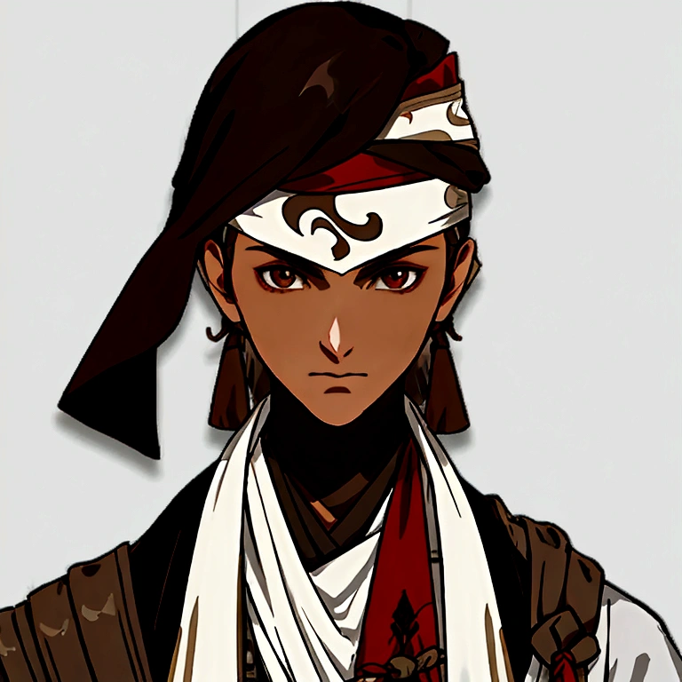 masterpiece, best quality, simple background, portrait, solo, 1boy, 30 years old, brown hair, white skin tone, assassin's clothes, bandana