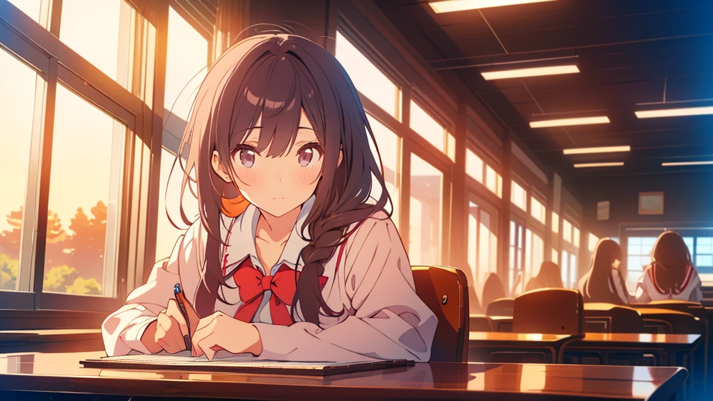 bangs, Long Hair, Hair above the eyes, Lost in Thought, Side Ponytail, Anime Style, 超High resolution, masterpiece, Textured skin, High resolution, Highest quality, A high school girl rests her chin on the desk while opening her notebook in the library, in the evening, Sunset shines through the window