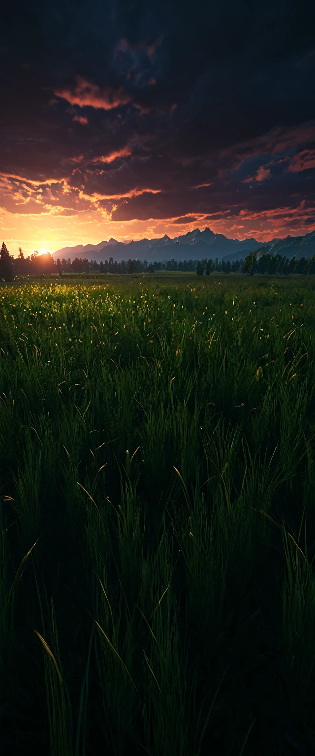 {{Masterpiece, Best Quality, Extremely detailed CG, unity wallpaper 8k, cinematic lighting}}, dark sky, meadow during sunset