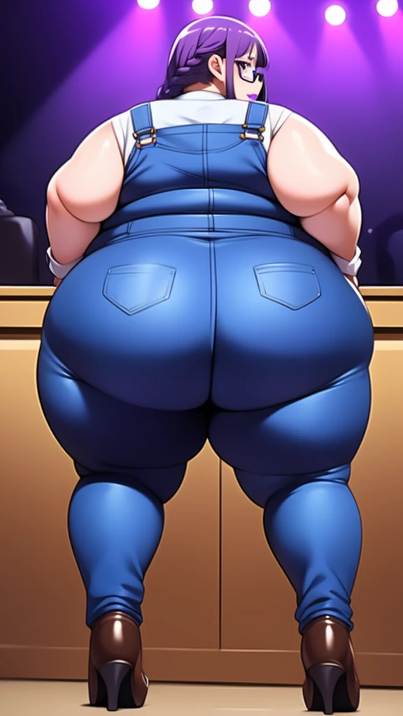 Anime Women, Adult female、Detailed face、amount、amount、Braided Pigtails、Purple Hair、Long Hair、Glasses、Sharp eyes、Thick lips、Purple Lipstick、Painted lips、Very fat、Chubby、obesity、obesity体、Double chin、Cheek、Thick neck、Big Breasts、Saggy breasts、Thick upper arms、Thick arms、thick fingers、Fat belly、Flabby belly、Flabby bellyの脂肪、Thick legs、Big Ass、Back fat、bulging fat、Brown clothes、Brown Overalls、Standing with your legs apart