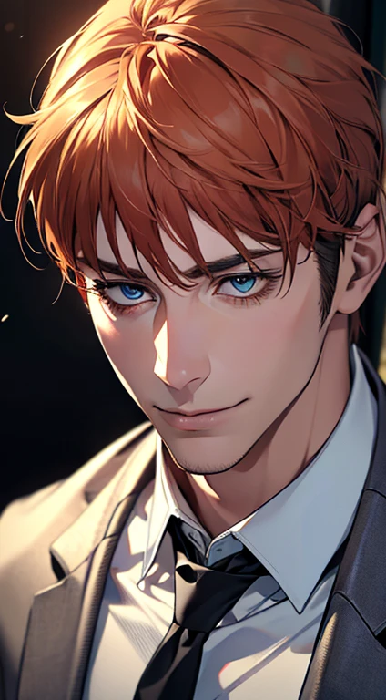 (best quality,4k,8k,highres,masterpiece:1.2),ultra-detailed,(realistic,photorealistic,photo-realistic:1.37),1 man,31 years old,mature man,very handsome,without expression,smile,short grey orange hair,blue eyes,penetrating gaze,perfect face without errors,imposing posture,businessman,office background,cinematic lighting,hdr image