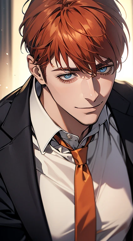 (best quality,4k,8k,highres,masterpiece:1.2),ultra-detailed,(realistic,photorealistic,photo-realistic:1.37),1 man,31 years old,mature man,very handsome,without expression,smile,short grey orange hair,blue eyes,penetrating gaze,perfect face without errors,imposing posture,businessman,office background,cinematic lighting,hdr image