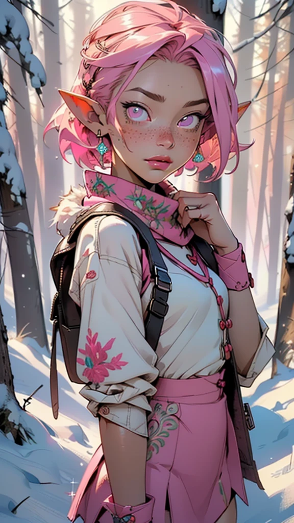 cute elf,(((little ,tiny little body,little))),((())),((anime elf with extremely cute and beautiful fuchsia hair)), (((elf))), (((elf ears))),
(((flat chest))),((((fuchsia hair:1.35,short fuchsia hair,colored inner hair,ear breathing)))),(((pink_eyes:1.3))),intricate eyes,beautiful detailed eyes,symmetrical eyes,big eyes:1.5,(((freckles on the face,freckles,freckled girl))),(((lustrous skin:1.5,bright skin: 1.5,skin tanned,shiny skin,very shiny skin,shiny body,plastic glitter skin,exaggerated shiny skin,illuminated skin))),(delicate detailed fingers,detailed body,(detailed face)),
cute,slutty,erotic,daring,
zettai ryouiki,(((pink fur coat, pink fur coat outfit, wearing a pink fur coat:1.3,pink winter coat,((coat buttoned up to the neck)),(scarf),traveler backpack))),((pink mini-skirt,pink mini skirt with furry edge)),(white gloves,pink clothes,(((furry edge clothing)))),(((intricate outfit,intricate clothes,embroidered outfit,ornate outfit,embroidered clothes,ornate clothes))),
(dynamic pose:1.0),embarrassed,(centered,scale to fit dimensions,Rule of thirds),
((snowy pine forest)),winter,scenery:1.25,((intricate scenery)),((snow forest background)),
(Glossy winter ornaments),highres,sharp focus,(ultra detailed,extremely detailed),(photorealistic artwork:1.37),(extremely detailed CG unity 8k wallpaper),(((vibrant colors,vibrant theme))),(intricate),(masterpiece),(best quality),artistic photography,(photography taken by sldr),(intricate background),perfect rendered face,perfect face details,realistic face,photo realistic,analog style,((intricate detail)),(((realism))),