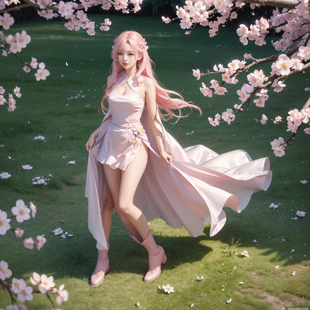 (((UHD))), (((masterpiece))), (((8k))), (((highres))), (((Surrealism))), (((cinematic lighting))), god rays, zoom layer, (((fullbody shot))), f/4.0, Canon, shiny skin,detailed skin,detailed face, detailed eyes, Cherry blossom spirit in female form, light pink hair, hair interwoven with white petals, hair flowing gently like cherry blossom petals in the wind, eyes gleaming like spring sunlight, outfit with cherry blossom petal design, silk attire, pale pink short boots, Dew-kissed meadow, gracefully spreading cherry blossom trees, petals fluttering with each breeze, creating a fleeting floral snowstorm in the air
