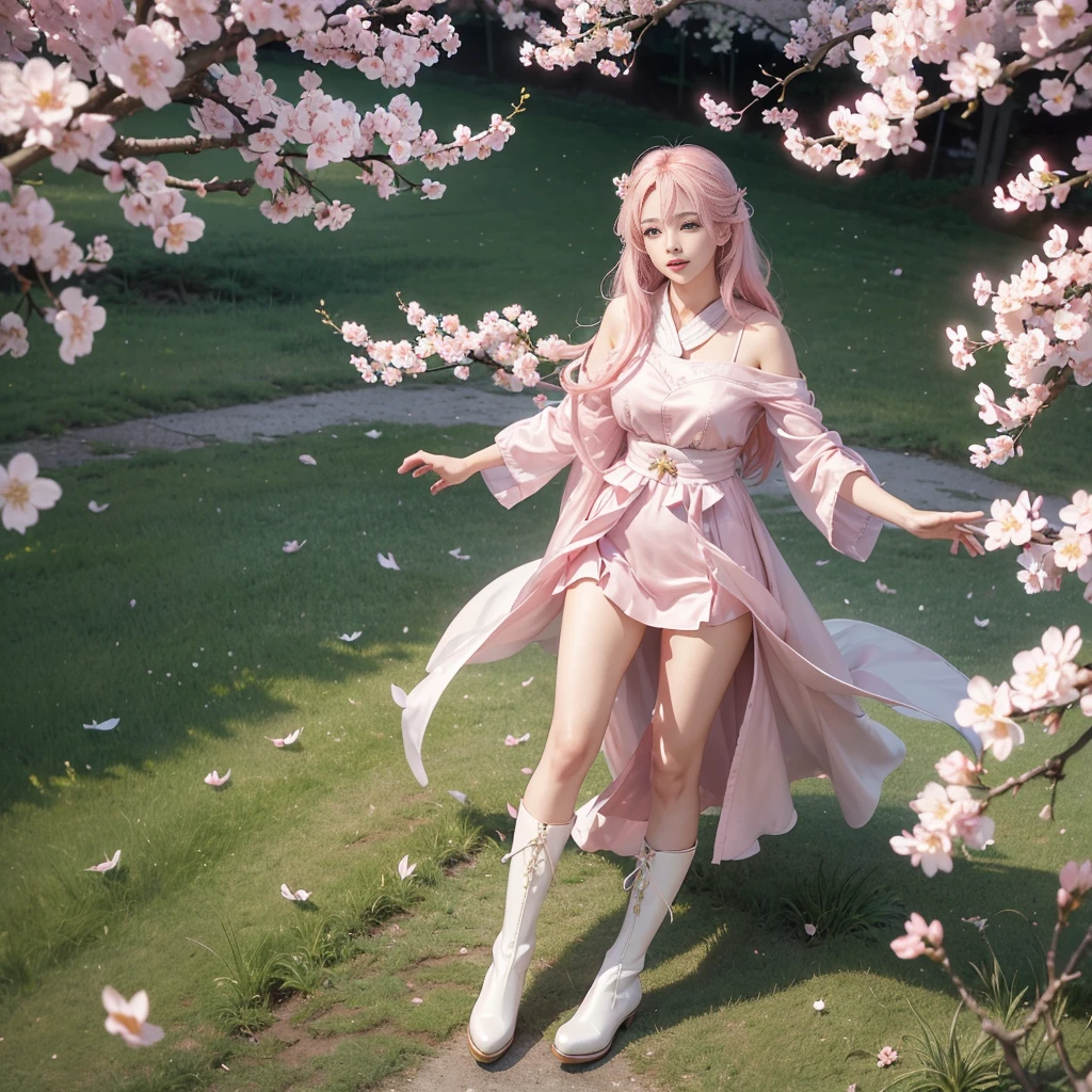 (((UHD))), (((masterpiece))), (((8k))), (((highres))), (((Surrealism))), (((cinematic lighting))), god rays, zoom layer, (((fullbody shot))), f/4.0, Canon, shiny skin,detailed skin,detailed face, detailed eyes, Cherry blossom spirit in female form, light pink hair, hair interwoven with white petals, hair flowing gently like cherry blossom petals in the wind, eyes gleaming like spring sunlight, outfit with cherry blossom petal design, silk attire, pale pink short boots, Dew-kissed meadow, gracefully spreading cherry blossom trees, petals fluttering with each breeze, creating a fleeting floral snowstorm in the air