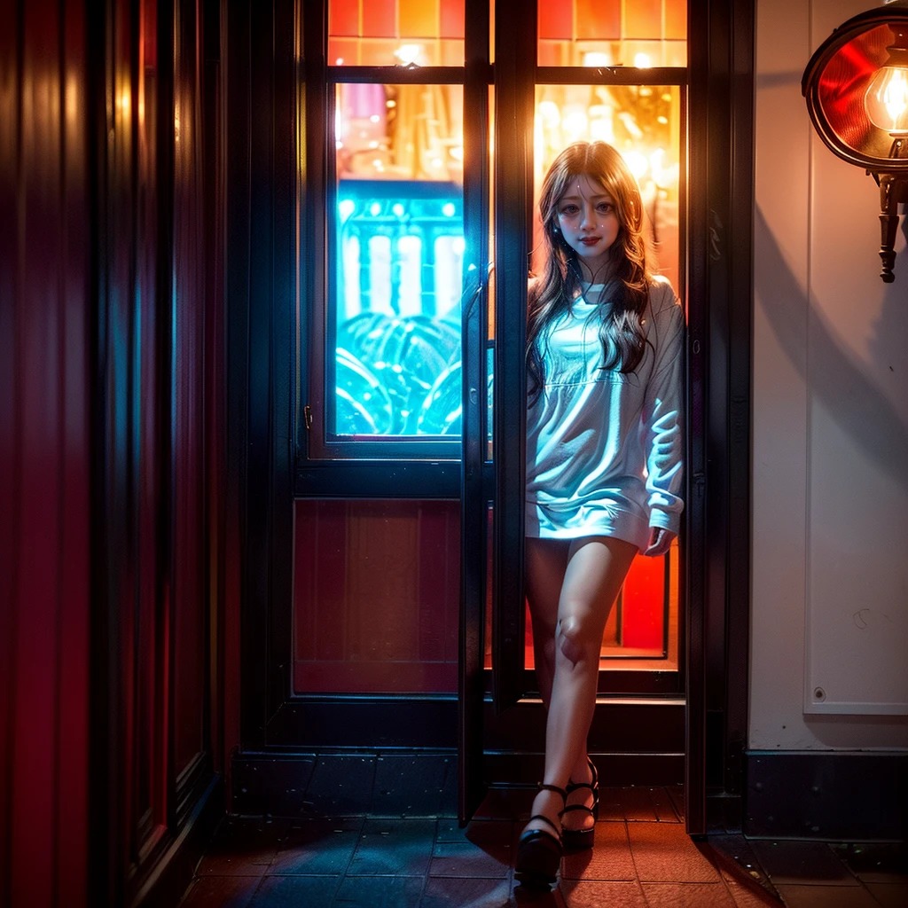 ((ExtremelyDetailed (One of the windows in Amsterdam's Red Light District:1.37) in WHITE at Dusk Enoshima Beach)), (masterpiece 8K TopQuality) (ProfessionalPhoto:1.37), ZoomLayer, (ZoomedOut:1.28, wide-angle) busy sidewalk