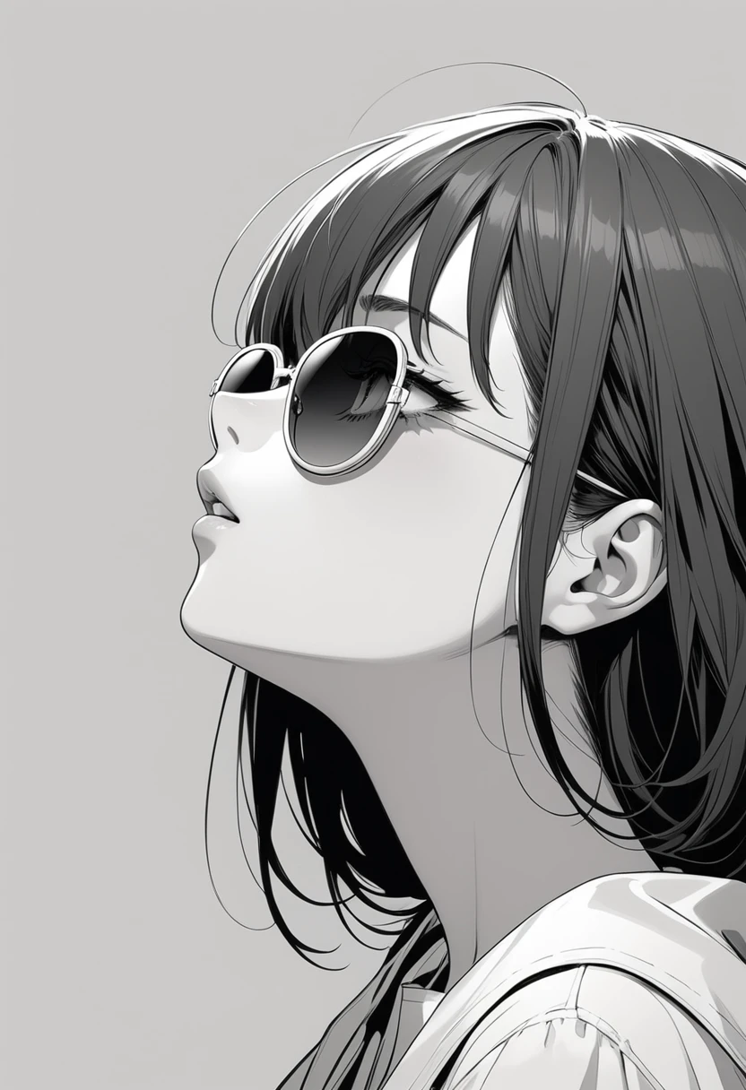 woman　Melancholy　profile　Left facing　Looking up from oversized sunglasses　Monochrome　An illustration　rough