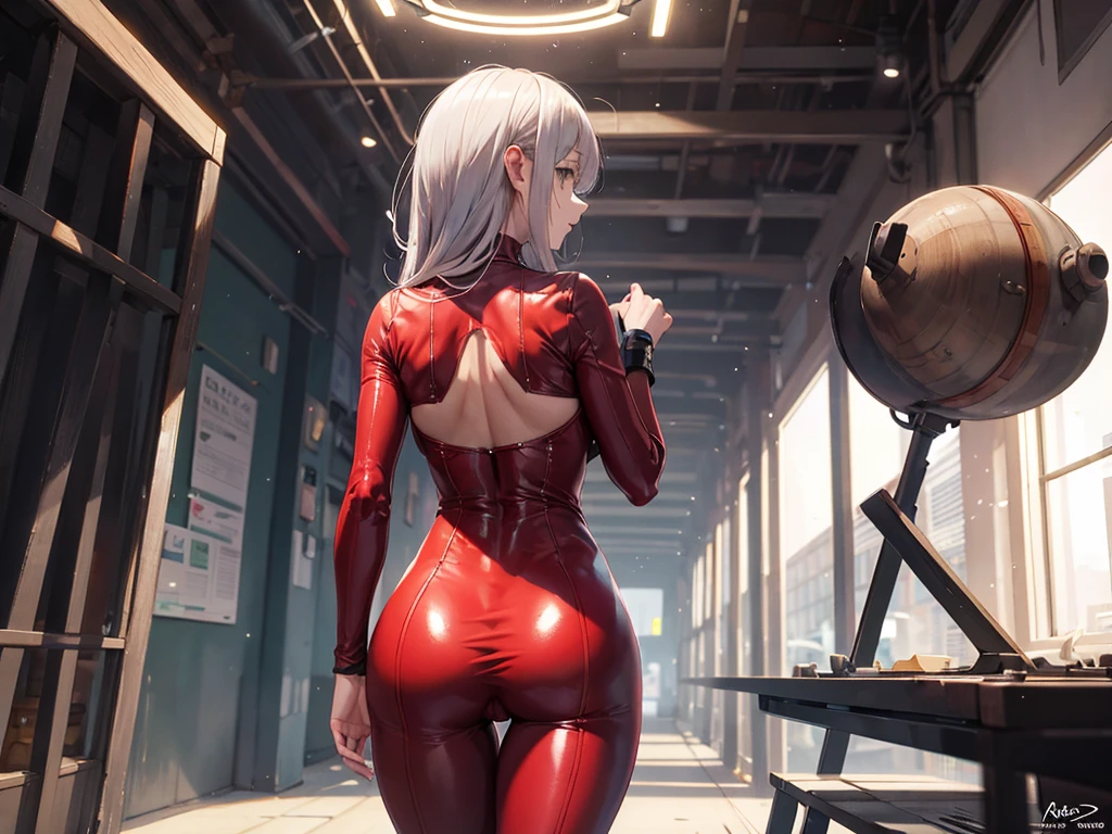 Zero Two\(Darling at Franxx\), Lewd Smile, Blushed, NSFW, Micro Swinsuit Highleg Tight, Panties Side, (Skin Shiny:1.2), Kneeling, From Behind, Looking at Viewer, Pov Eye Level