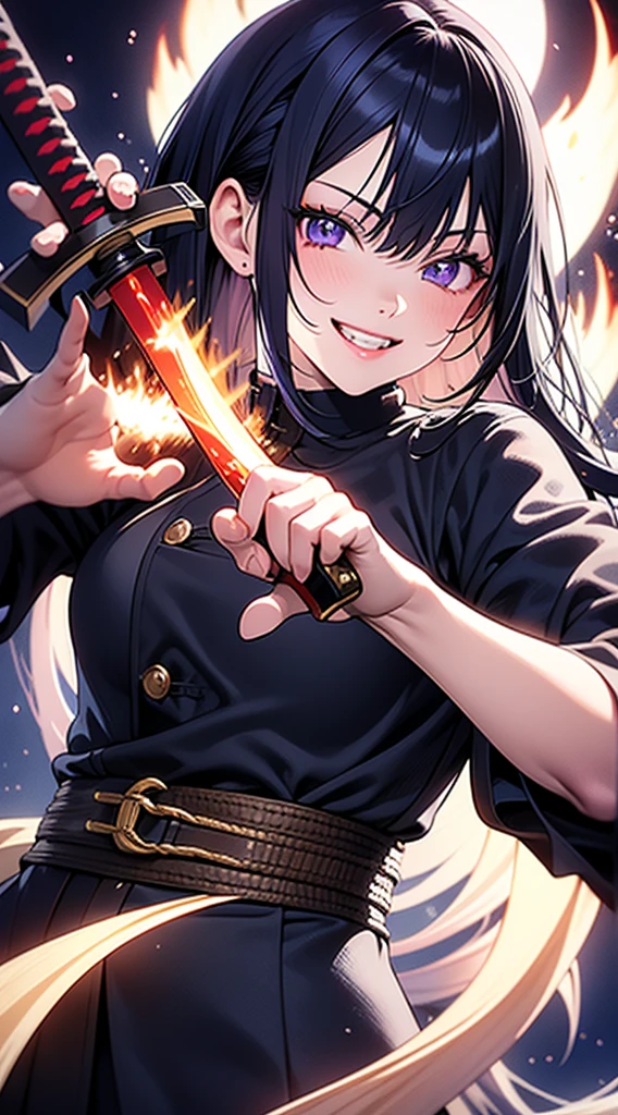 better hands, better fingers, ultra detailed face, perfect smile, five fingers, perfect hands holding a katana, flame blade, cabelo roxo,hashira dos insetos, respiração da borboleta 