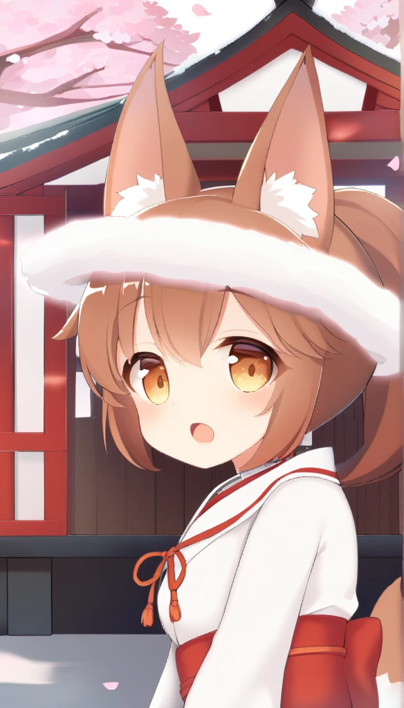 1 girl, , ponytail, brown hair, fox ears, animal ear fluff, Fox Eyes, cherry blossoms, spring,portrait, whole body,shrine,Red and white striped collar,cherry blossoms snowstorm,Fluffy,fox tail,Miko costume,odd eye