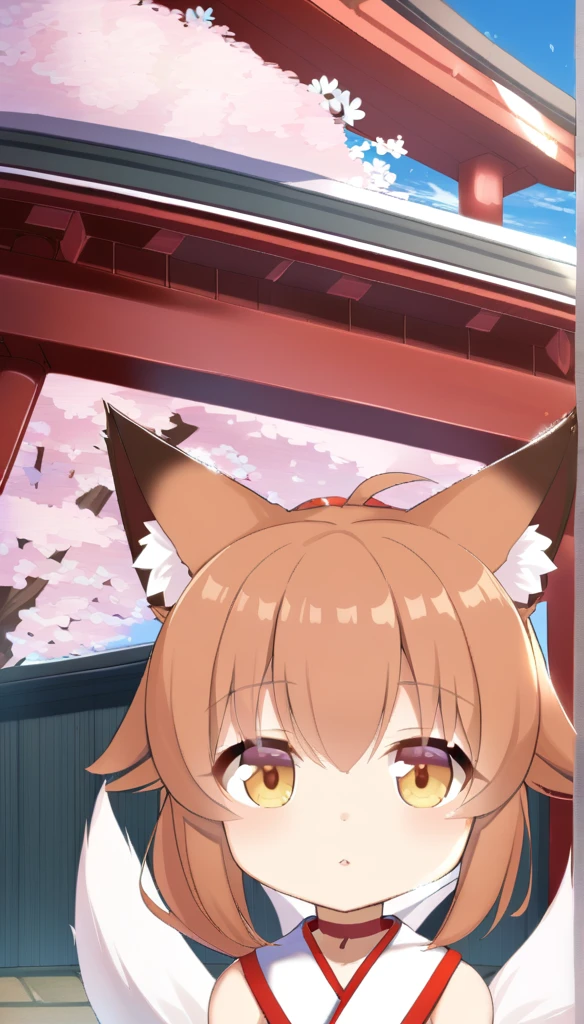 1 girl, , ponytail, brown hair, fox ears, animal ear fluff, Fox Eyes, cherry blossoms, spring,portrait, whole body,shrine,Red and white striped collar,cherry blossoms snowstorm,Fluffy,fox tail,Miko costume,odd eye
