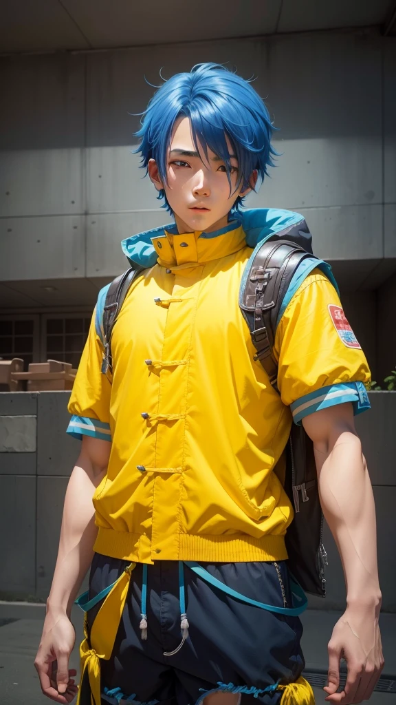 anime guy with blue hair and backpack on a city street, anime boy, cute anime pose, young anime man, male anime style, anime style. 8k, 4k anime style, tall anime face with blue eyes, 3d realistic anime style, modern anime style, male anime character, 2d anime, very modern anime style, anime style, one hand forward as if it were a pistol and at the tip of the finger a bluish light, na camiseta está  escrito (leigan),