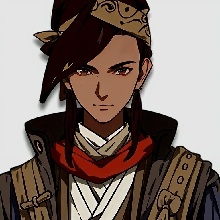 masterpiece, best quality, simple background, portrait, solo, 1boy, 30 years old, brown hair, assassin's clothes, bandana