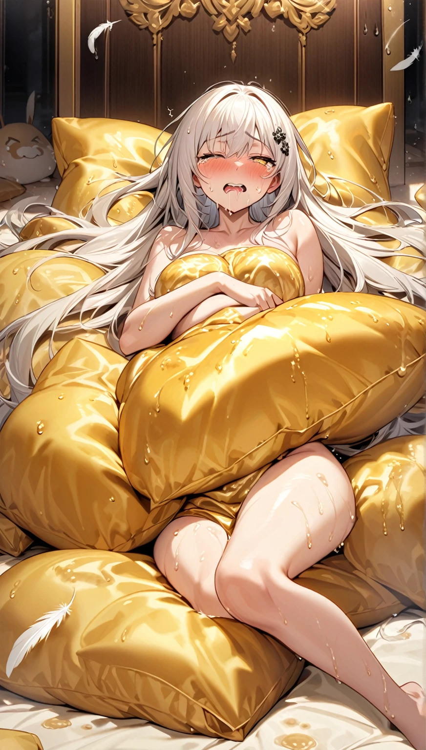 Flowing white hair, melancholy eyes, yellow pupils, black diamond-shaped hairpins, many tiny feathers dancing, She's naked, lying on a super huge,very soft, golden silk cushion in a large position, resting all her weight on it,She's sweating profusely. She's blushing. Luxurious room, Panting, Legs spread apart. Eyes closed, teeth clenched. The cushion is stained with her sweat. She's sweating like crazy. Lots of water dripping from her body. Lots of sweat,crying, She sticks out her tongue. She's drooling. She's trembling,very soft golden silk cushion,Lots of big droplets on the cushion, She's naked,She has no clothes on. All the floors are covered with thick, soft, golden silk duvets. Lots of water droplets on cushions. White chocolate sauce scattered throughout.
