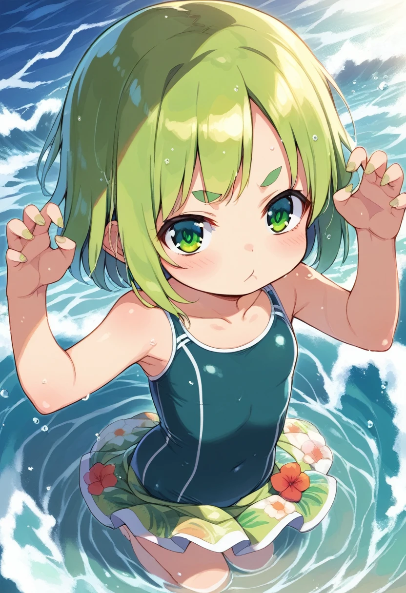 score_9, ,score_7_up, score_6_up, 1girl, source_cartoon, source_anime,breathtalking Scenery,watercolor,smooth soft skin, natural skin,mjm
BREAK 
(loli:1.4),(little female child:1.4), small breast,cute face, (loli toddler:1.1), 6 yo,kawaii, (highlight on eyes), (jiggly:0.8), shiny skin,beautiful eyes, detailed eyes, puffy eyes,
BREAK 
(medium green hair:1.3),(green maro eyebrows:1.6),pouty and slightly grumpy,(pout:1.2), ::(, (jitome),(frown:0.6),white streaked hair, green eyes, 
BREAK 
darkgreen Skirt-style one-piece swimsuit,frills,flower print darkgreen swimsuit,ruffles,excessive detailed collarbone,exposed collarbone, dynamicangle,partially submerged,swimming
BREAK
dynamicpose,sea,wave,island,tropical,dynamicangle,breathtalking background, outdoors,pastelcolor,from above,