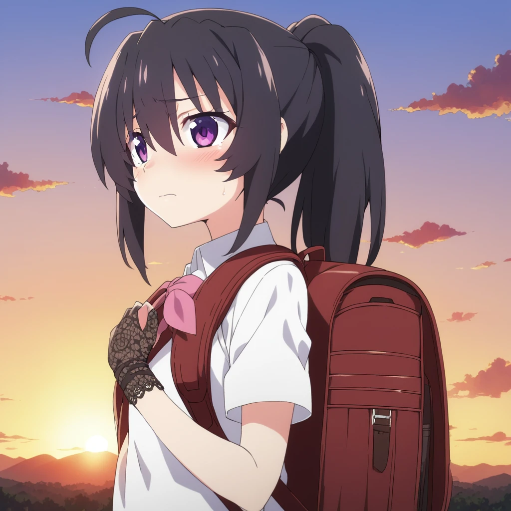 ,young anime girl,extremely detailed,black long hair,purple eyes,beautiful detailed eyes ,Hair glows,shy ,ponytail himecut,long ahoge , hairs between eyes ,sky,sky,sun set,Lace-Trimmed Gloves,use backpack,use mask,beautiful anime high school girl, pretty anime girl, cute anime girl, an anime girl