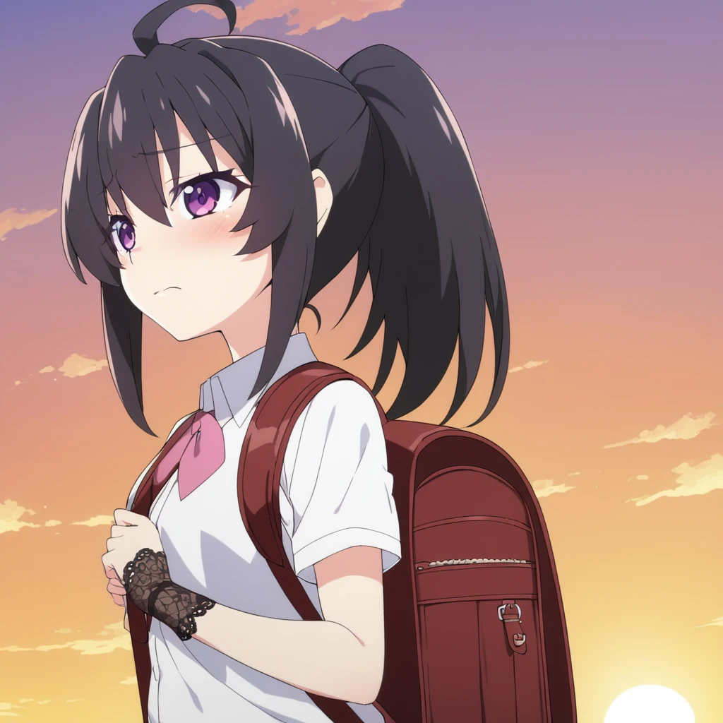 ,young anime girl,extremely detailed,black long hair,purple eyes,beautiful detailed eyes ,Hair glows,shy ,ponytail himecut,long ahoge , hairs between eyes ,sky,sky,sun set,Lace-Trimmed Gloves,use backpack,use mask,beautiful anime high school girl, pretty anime girl, cute anime girl, an anime girl