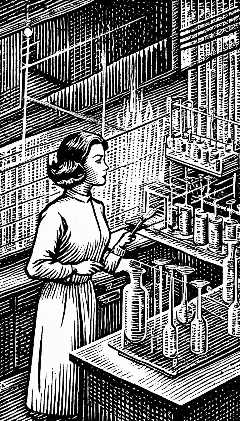 (Black and white woodcut:1.5)、(Second floor in black and white.)、foreground, dark and sinister atmosphere、science woman, wearing a radiation suit, taking a test tube with tweezers, in a laboratory with many flasks and test tubes.