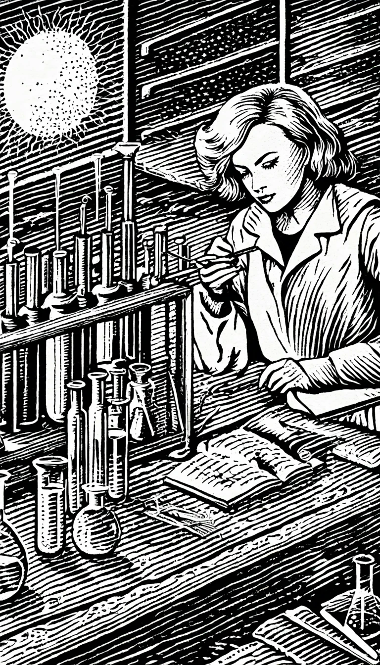 (Black and white woodcut:1.5)、(Second floor in black and white.)、foreground, dark and sinister atmosphere、science woman, wearing a radiation suit, taking a test tube with tweezers, in a laboratory with many flasks and test tubes.