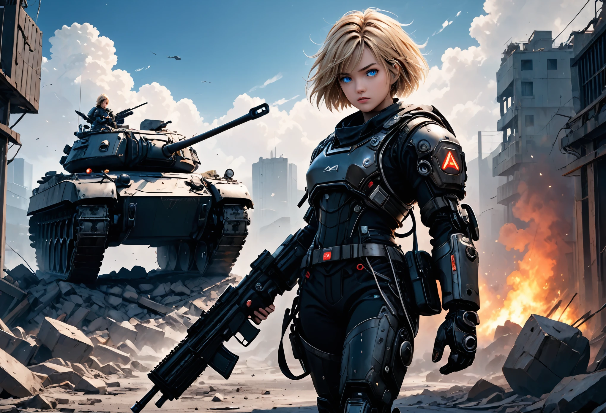 (Detailed depiction of faces),超High resolution, Attention to detail, high quality, High resolution, 最high quality, 4K, 8K,A young female warrior in a high-tech black powered exosuit with glowing red LED accents, standing on rubble in a post-apocalyptic setting, photorealistic anime style, short blond bob hairstyle, glowing blue eyes, holding a rifle in one hand, wearing a tattered, billowing robe that is heavily damaged and frayed, in the background a damaged and smoking military tank, confident and fierce expression,cute girl